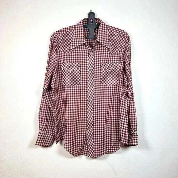 Vintage Sears Authentic Western Men Shirt Large Red White Check Pearl‎ Snap - Picture 1 of 10